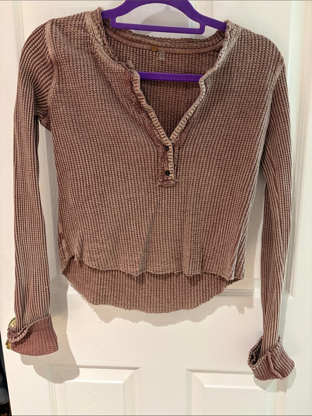 Free People Dusty Mauve Waffle Henley with Ruffle Trim